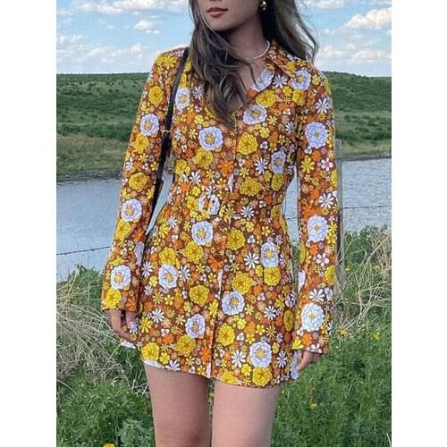 SEASONS Floral Vintage Shirt Dress Women Casual Long Sleeve A Line Mini Dresses Ladies With Belt Fashion Button Up ASDR83338