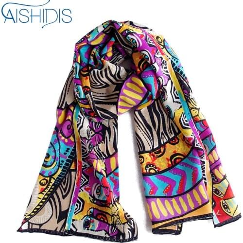 100% Silk Long Scarf Women Cat Scarf Foulard Neckerchief Fashion New Design Animal Print Pattern Oil Painting Scarves Shawls