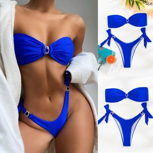2021 Sexy Solid Bikini Female Swimsuit Women Swimwear Thong Push Up Bikinis Set Bandeau Swimming Suits For Bathing Suit #T4G