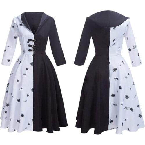 Anime Cruella De Vil Black White Maid Dress with Gloves Cosplay Costume Movie Gown Hoodie Skirt Halloween Party For Adult Women