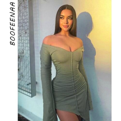 BOOFEENAA Sexy Long Sleeve Dresses for Women 2021 Spring Elegant Low Cut Asymmetric Hem Bodyocn Dress Club Wear C85-BZ21