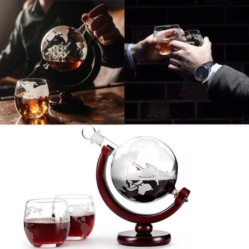 850ML Whiskey Decanter Antique Ship Whiskey Dispenser For Liquor Bourbon Vodka Wine Glass Decanter Globe with Wood Stand