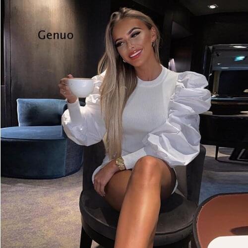 Fashion Long Puff Sleeve T-Shirt Women Elegant Office Lady Top Regular Patchwork Sexy Slim T-Shirt Streetwear Shirt