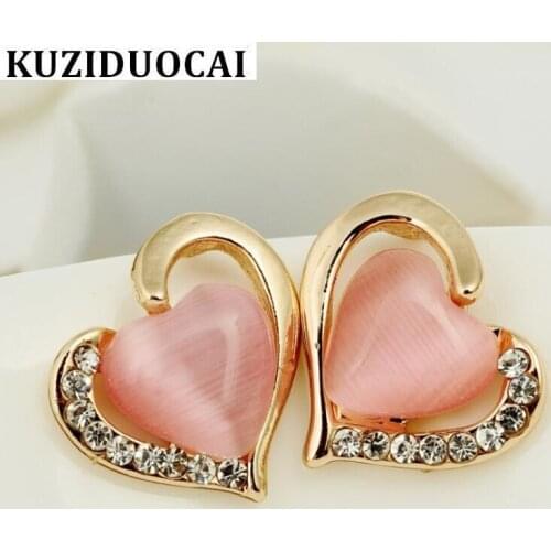 Kuziduocai New Fashion Jewelry Gold Color Opal Sweet Cute Love Heart Crystal Stud Earrings For Women Girls Gifts Pendientes E-51