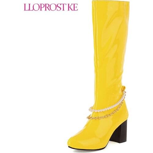 Lloprost ke 2021 Women Knee High Boots Patent Leather Candy Color Ladies String Bead Boots Round Toe Square High Heel Boots