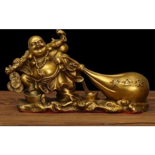Copper China buddhism lucky gold bag Yuan bao happy buddha Statue