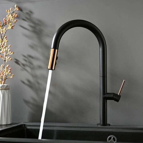 Solid Brass Gooseneck Rose Gold Black Cold Hot Water 360 Rotation Pull-Out 2 Functions Spray Head Sink Mixer Tap Kitchen Faucet