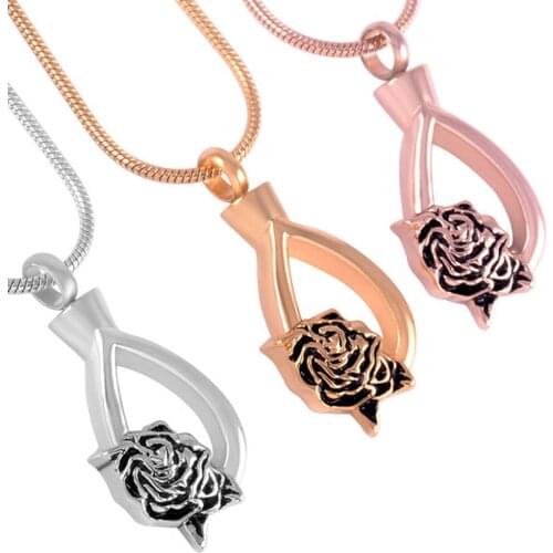 MJD8530 Stainless Steel Charm Oval Rose Urn Pendant for Ashes Cremation Jewelry with 20 chain & fill kit