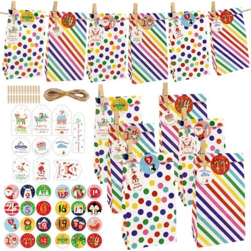 24Stets Rainbow Dot Stripe Christmas Gift Bags Xmas Decor Storage Bag with Advent Calendar Number Sticker Sattionery Organizer