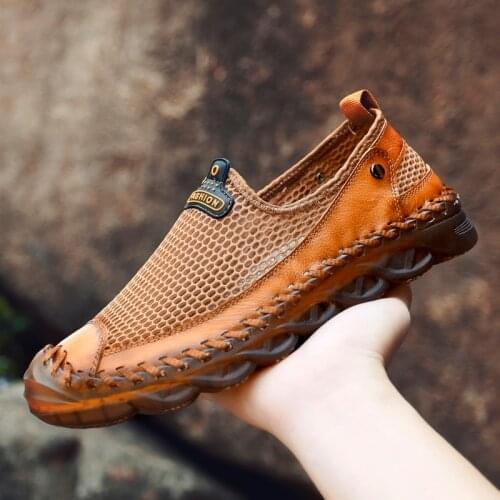 Mens Mesh Hiking Sandals Closed Toe Sports Sandals Summer Fisherman Beach Shoes Outdoor Slip on Breathable Handmade Slippers