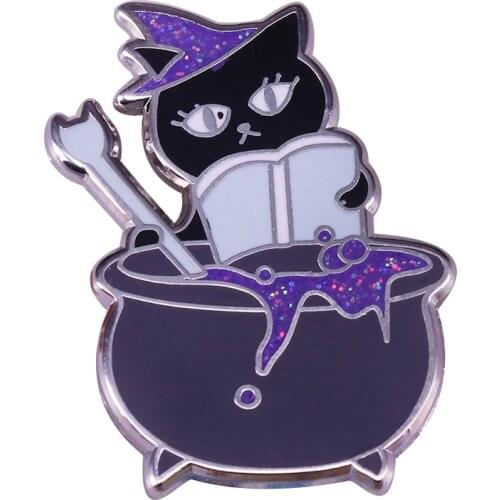 Reading witch cat glitter pin magic potion cauldron literary wizardry cute accessory
