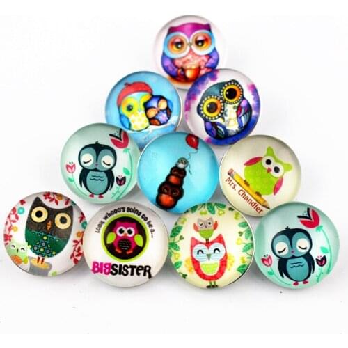 Mix 10pcs/lot cute cartoon owl Snap Buttons Charms 18mm Print zoology Glass Buttons Fit DIY Snap Bracelets&Bangle Jewelry