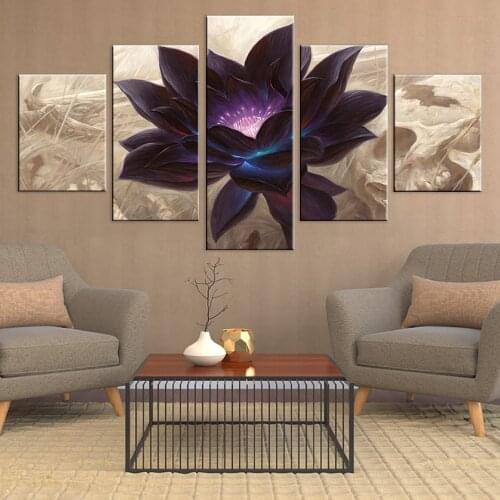 Modern Canvas HD Printed Poster Framework Bebroom Decor 5 Pieces Black Lotus Paintings Modular Wall Art Abstract Flower Pictures