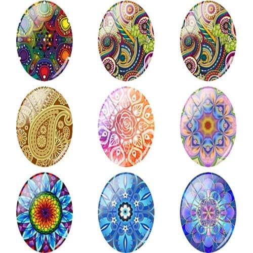 JWEIJIAO Colorful Mandala Flower of Life Oval Shaped Glass Cabochon 18x25 mm Handmade DIY Necklace Brooch Jewelry 5pcs/lot H294