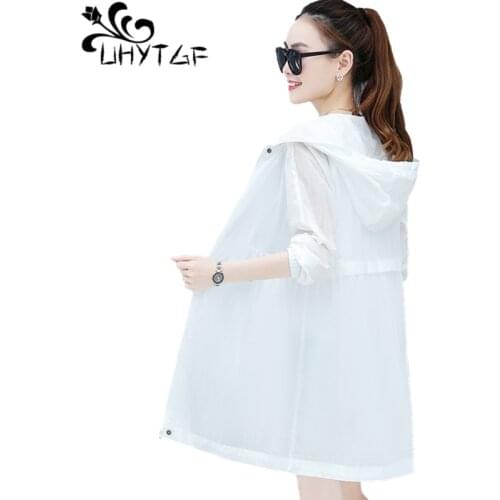 UHYTGF 5XL Plus Size Sun Protection Clothing Womens Long-Sleeved Hooded Outdoor Summer Jacket Breathable Female Thin Coat 1390