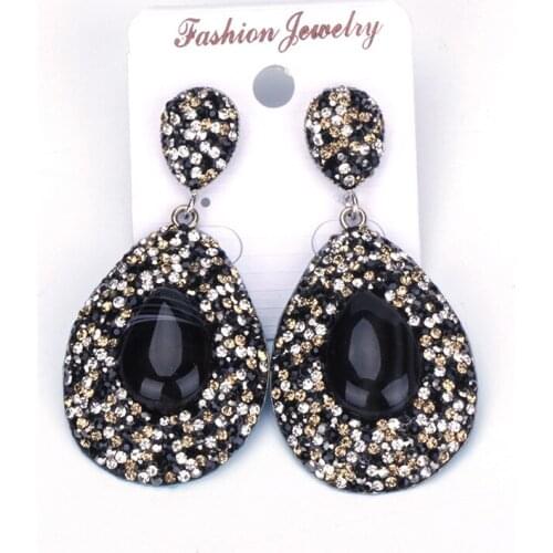 Vintage Brinco Black Water Drop Onyx Semi Precious Stone Pendant Charm Pave Rhinestone Big Dangle Earrings For Women Best Gift