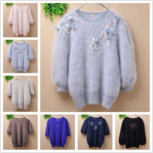 Ladies women vintage beading embroidery angora rabbit fur knitted short sleeve slim blouses pullover mink fur jumper sweater top