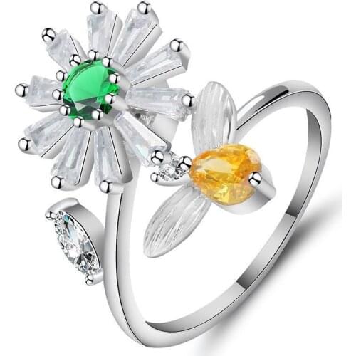 Colorful Austrian Crystal Flower Bee Open Rings for Women Diamonds Gemstones White Gold Filled Jewelry Finger Trendy Accessories