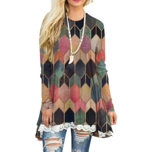 Women Dresses Geometric Hexagon Print Lace Hem O Neck Long Sleeve Mini Dress Blouse Womens Clothing 2021