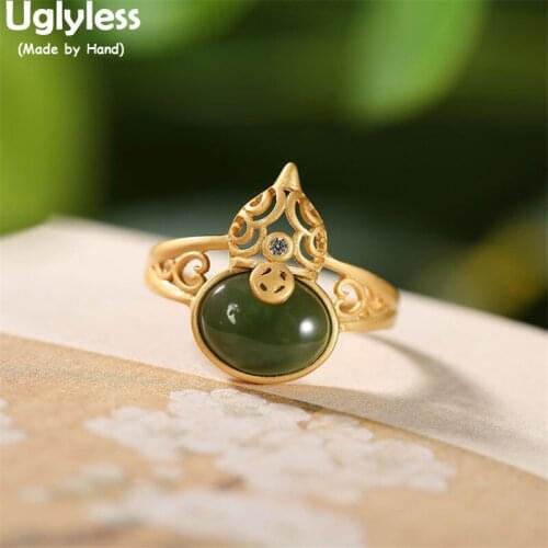 Uglyless Hollow Ethnic Gourd Rings for Women Natural Jasper Jewelry Gold 925 Silver Plants Open Rings Jasper Gemstones Jewelry