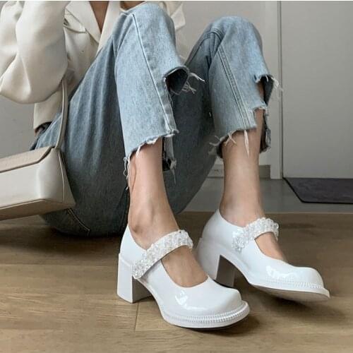 White Chunky Heel Platform Mary Janes Women Patent Leather Big Square Toe High Heels Pumps Lovely Girls Cosplay Lolita Shoes