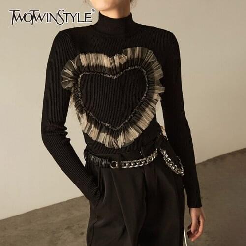 TWOTWINSTYLE Black Patchwork Mesh Womens Sweater Turtleneck Long Sleeve Korean Fashion Slim Colorblock Sweaters Female 2021 New