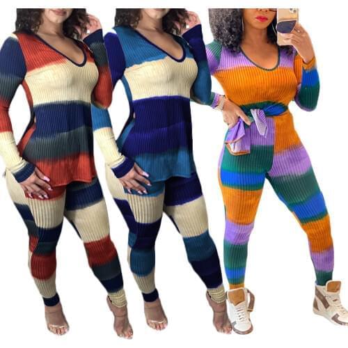 Two Piece Outfits Fall Women Clothes Active Thick Striped Ribbed Long Sleeve Knitted Sweater Matching Set Wholesale Dropshipping