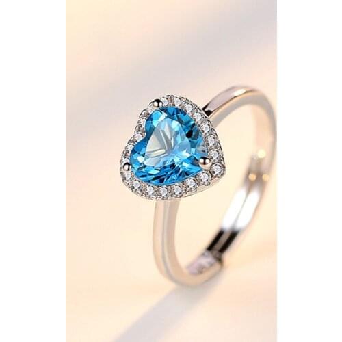 925 New Fashion Love Heart-shaped Jewelry Set Imitation Blue Topaz Pendant Crystal Necklace Earrings Adjustable Ring For Women
