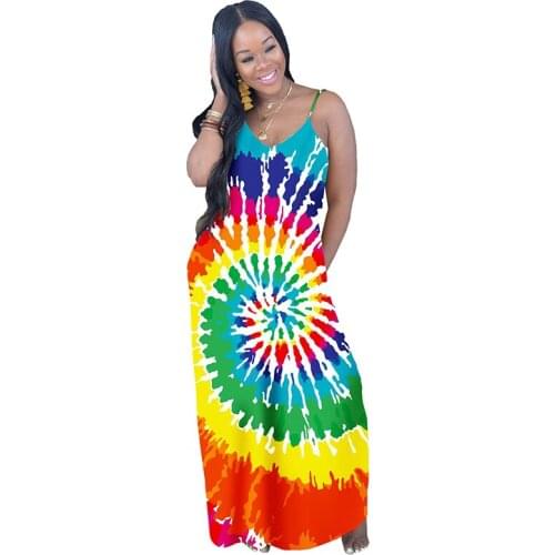 Rainbow Tie Dye Sexy Boho Beach Dresses Women Spaghetti Strap Backless Long Maxi Dress Summer V Neck Sleeveless Plus Size Dress