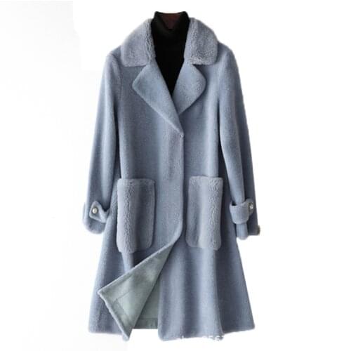 Women 100% Cashmere Blue Coat Elegant Suede Inner Furry Coat Fashion Winter Warm One fur Coat With Pocket Fur Casaco Feminino