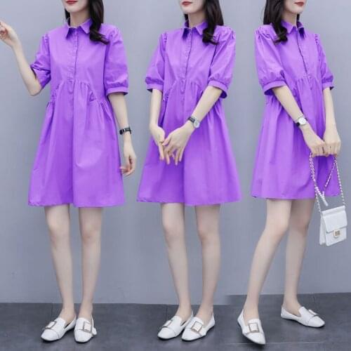 2021 Women Spring Summer Casual Solid Shirt Dresses Lady Loose High Waist Pleated Dress Female Vintage Slim A-line Vestidos J113
