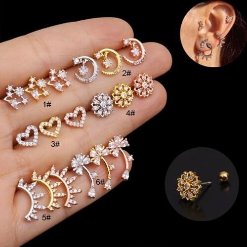 1PC 20G Stainless Steel Barbell Cz Cartilage Studs Earrings Heart Star Flower Tragus Daith Earrings Helix Piercing Body Jewelry