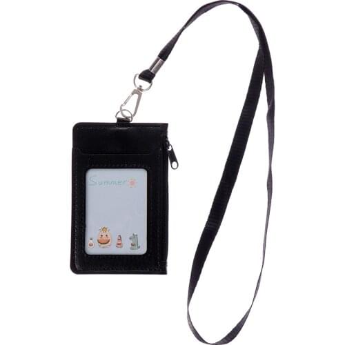 Luxury PU Leather Double Card Sleeve ID Badge Case Clear Bank Credit Card Badge Holder Coin Purse Zip Card Bag with Neck Lanyard