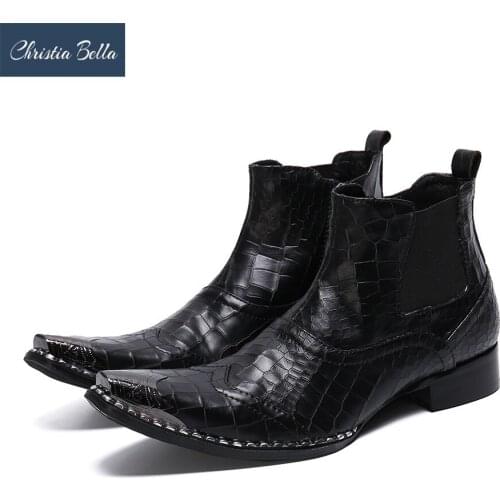 Winter Men Shoes Black Genuine Leather Chelsea Boots Rivets Slip on Formal Men Ankle Boots Party Fashion Cowboy Short Boots