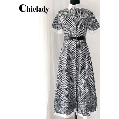 CHICLADY designer style plaid turn down collar summer elegant midi dresses office lady french single breasted shirt dress belt