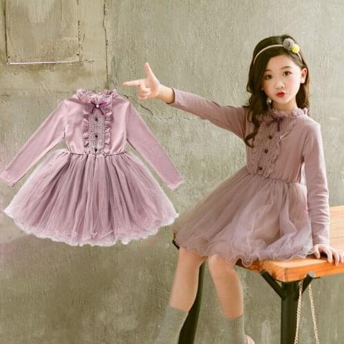 Kids Girls Long Sleeve Dresses 2019 Autumn Winter Toddler Tutu Dress for Girls Mesh Patchwork Purple Lace Dress Children Clothes