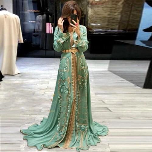 Emerald Green Moroccan Kaftan Dubai Prom Dress Beaded Appliques Long Prom Gowns Islamic Muslim Custom Made Party Dresses