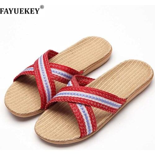 FAYUEKEY Summer Flax Linen Home Women Cross Belt Slippers Beach Non-slip Fashion Unisex Floor Breathable Slides Slippers