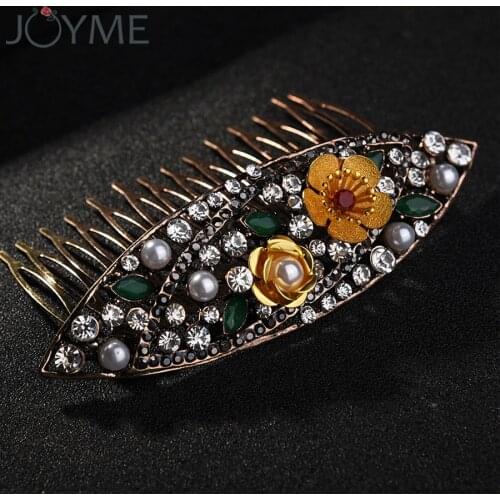 Women Vintage Hair Combs Turkish Green Jewelry with Gold Color Flower Acrylic and Rhinestone Pearls Hairwear Accessories Party