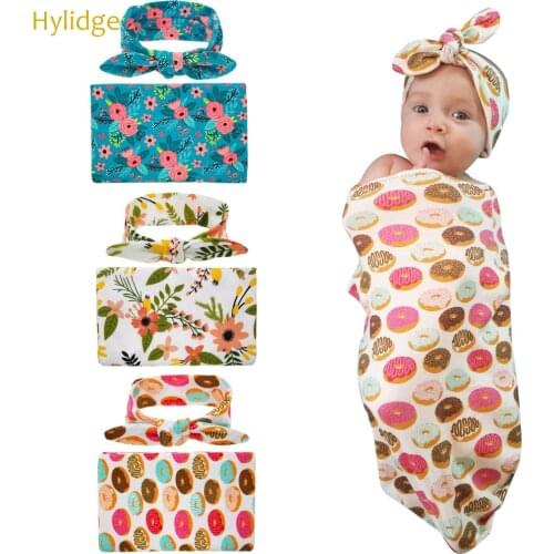 Hylidge Cute Donut Floral Newborn Baby Swaddle Blanket Muslin Wrap Rabbit Ear Headband Set Baby Boys Girls Sleeping Swaddle 2PCS