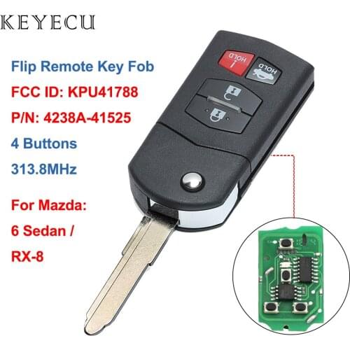 Keyecu Flip Remote Car Key Fob 4 Buttons 313.8MHz for Mazda 6 Sedan RX-8 2005 2006 2007 2008 FCC: KPU41788, P/N: 4238A-41525