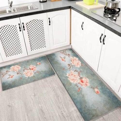 Chinese Style Floral Gray Long Kitchen Rug Flannel Floor Mats For Bathroom Home Entrance Mats Sofa Carpet Balcony Mat Modern