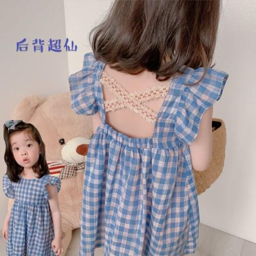 Girls Plaid Dress 2021 Summer New Middle And Small Girl Baby Super Fairy Little Fly Sleeve Princess 3-8 Years Old Girls