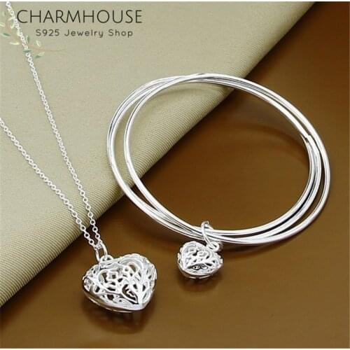 Charmhouse Silver 925 Jewelry Sets For Women 3 Loops Heart Bangle Bracelet +Necklace 2 pcs Costume Jewelery Set Accessories Gift