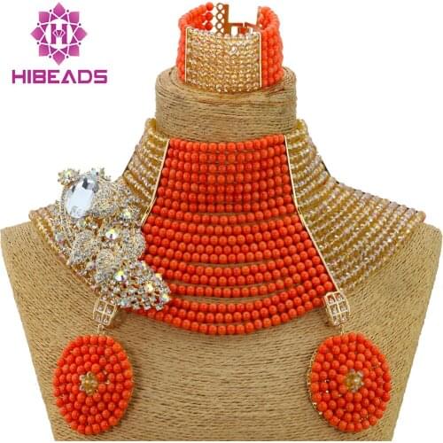 Amazing 18 Layers Choker Style African Wedding Coral Beads Costume Jewellery Set Champagne Gold Dubai Women Jewelry Set HX942