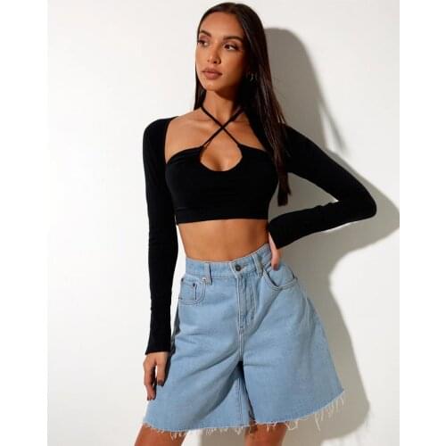 Summer Spring Women Black Sexy Halter Crop Tops Long Sleeve Solid Color Cutout Front Slim Fit T-Shirts Casual Skin-Friendly S-XL