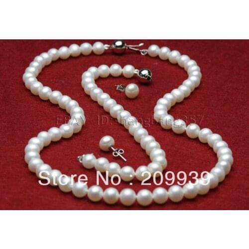 Set AAA + 8-9mm white fresh water cultured pearl necklace bracelets earrings