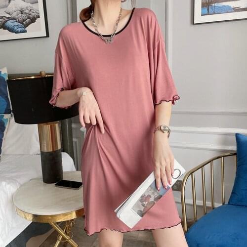 Fdfklak Short Sleeve Solid Color Nightgown Home wear 2021 Summer New Modal Loose Nightdress Womens Sleeping Dress