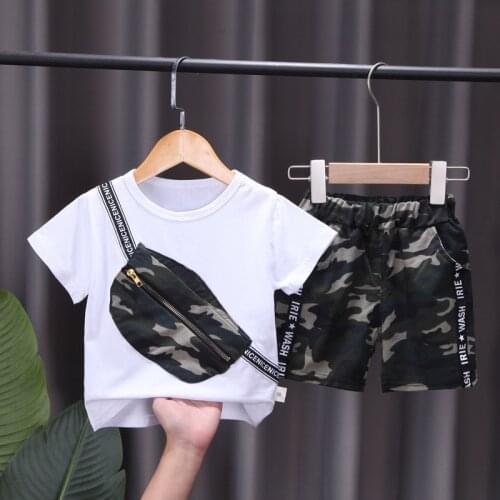 2021 new childrens cotton suit baby boy casual T-shirt boy summer camouflage backpack short sleeve suit