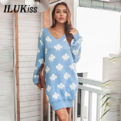 Autumn Long Sleeve Sweater Mini Dress Pullovers Mujer V Neck Loose Thick Warm Print 2021 Fashion Sweaters Dresses Casual Winter